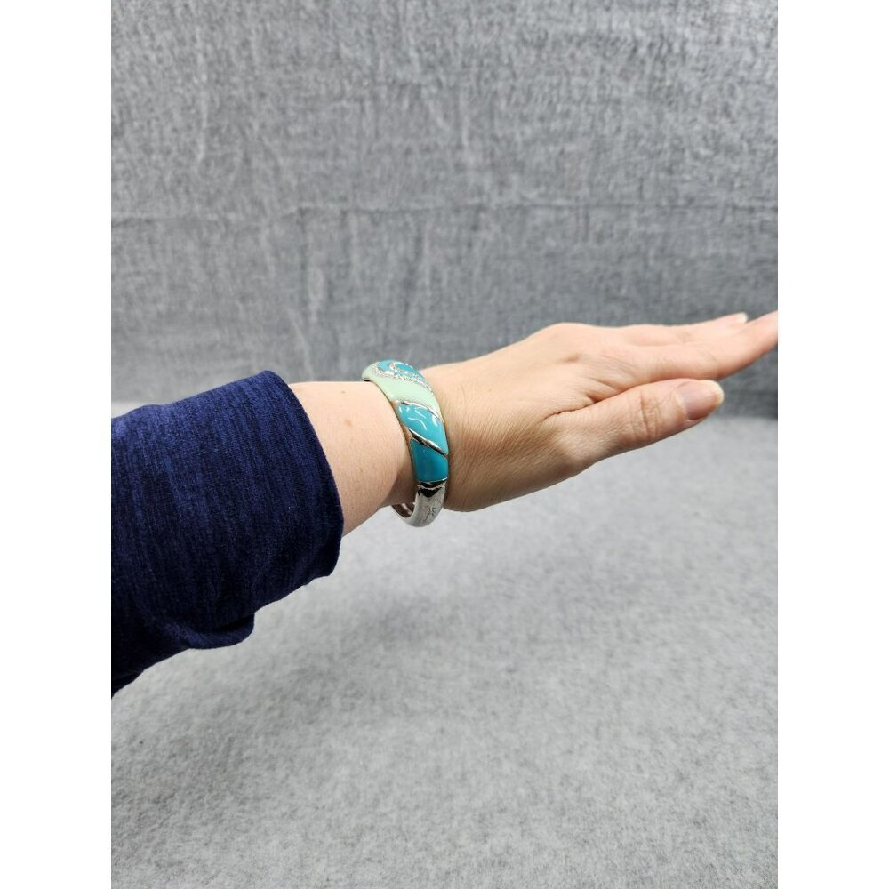 Vintage costume Silver plate & Turquoise Hinged Bangle Bracelet - Picture 2 of 10